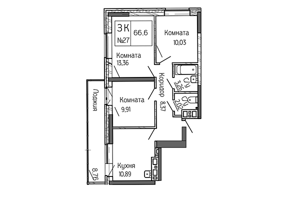 3-комнатная квартира 66,60 м² в Сакура Парк. Планировка