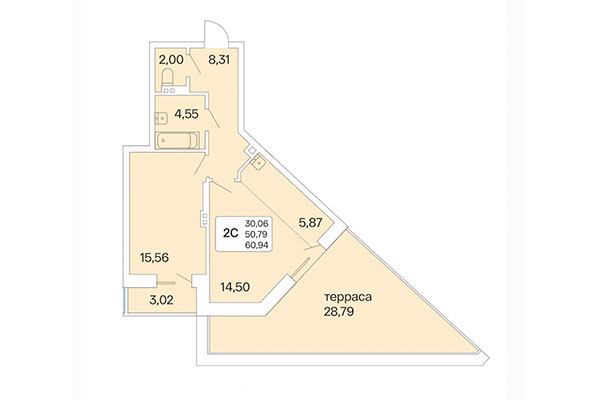 2-комнатная квартира 60,94 м² в Дом на Шамшиных. Планировка