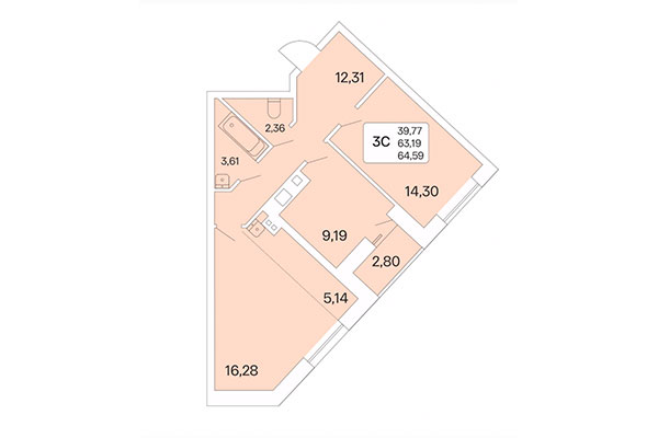 3-комнатная квартира 64,59 м² в Дом на Шамшиных. Планировка