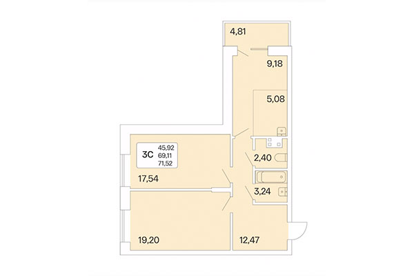 3-комнатная квартира 71,52 м² в Дом на Шамшиных. Планировка