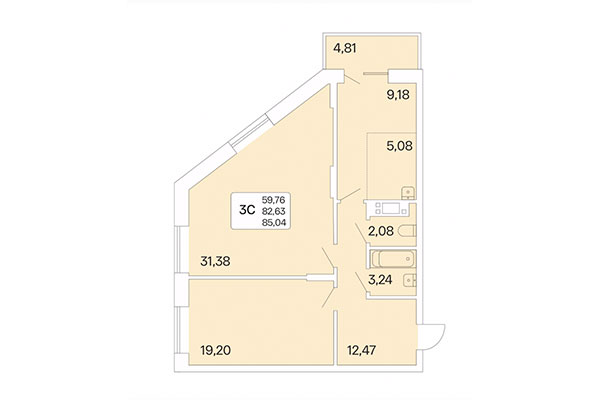 3-комнатная квартира 85,04 м² в Дом на Шамшиных. Планировка