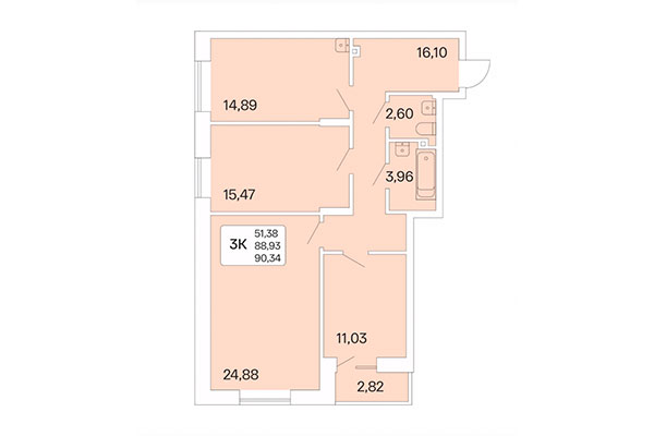3-комнатная квартира 90,34 м² в Дом на Шамшиных. Планировка