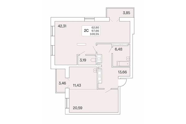 2-комнатная квартира 100,55 м² в Расцветай на Ядринцевской. Планировка