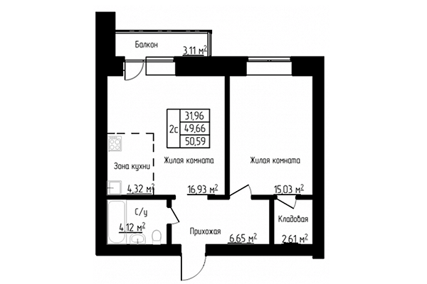 2-комнатная квартира 50,59 м² в ЖК Енисей. Планировка
