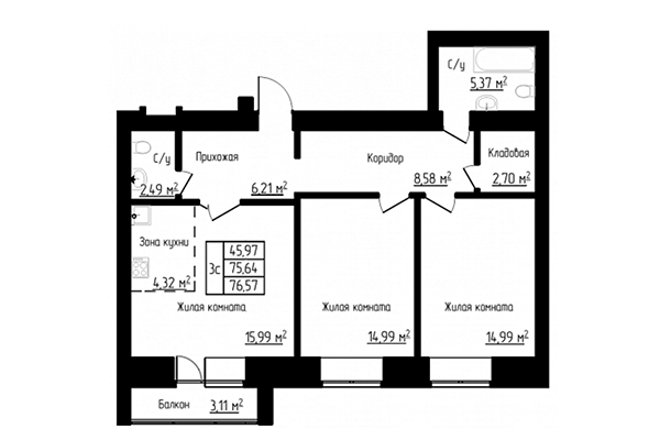 3-комнатная квартира 76,57 м² в ЖК Енисей. Планировка