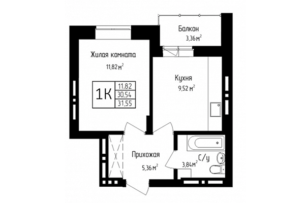 1-комнатная квартира 30,54 м² в ЖК Высота. Планировка