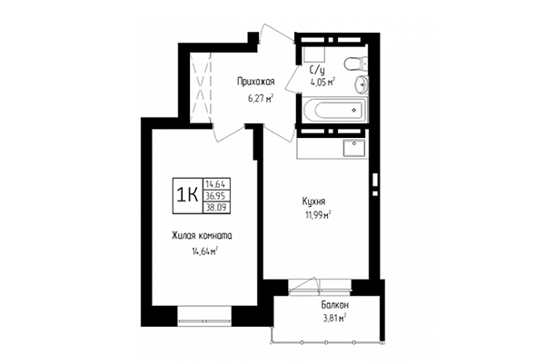 1-комнатная квартира 36,95 м² в ЖК Высота. Планировка