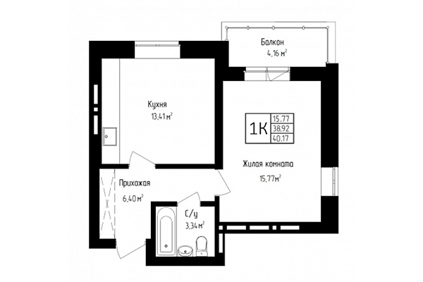 1-комнатная квартира 38,92 м² в ЖК Высота. Планировка