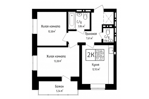 2-комнатная квартира 49,62 м² в ЖК Высота. Планировка