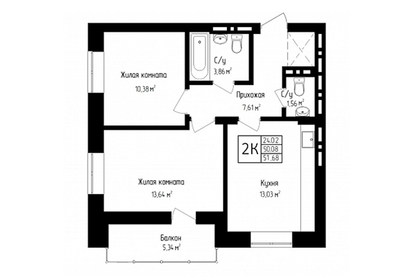 2-комнатная квартира 50,08 м² в ЖК Высота. Планировка