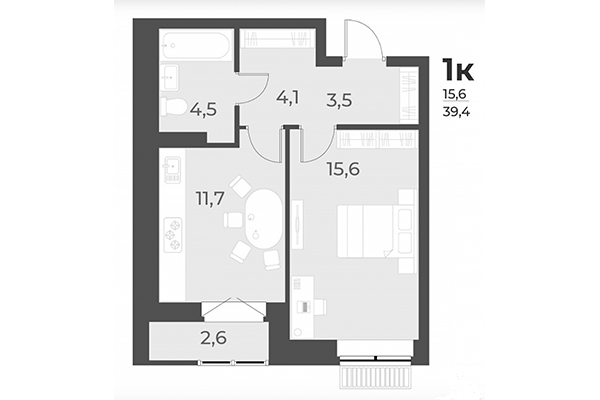 1-комнатная квартира 39,40 м² в ЖК Дежнёв. Планировка