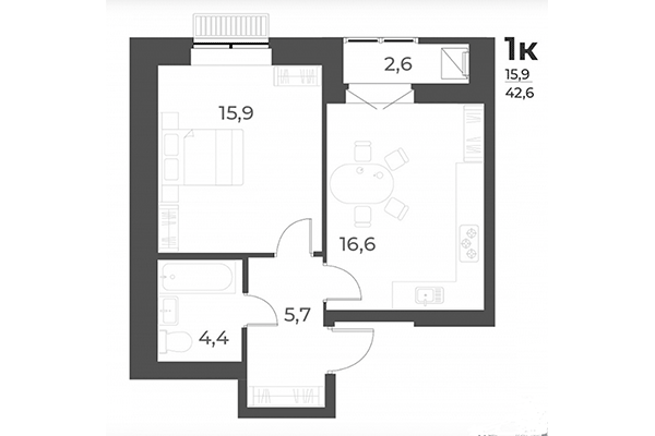 1-комнатная квартира 42,60 м² в ЖК Дежнёв. Планировка