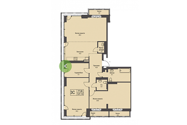 3-комнатная квартира 127,10 м² в ЖК Эволюция. Планировка
