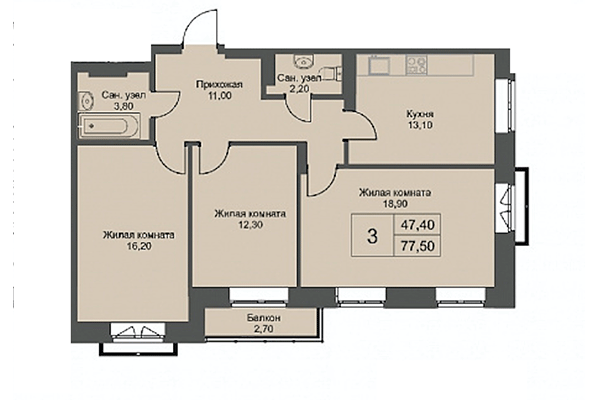 3-комнатная квартира 77,50 м² в ЖК Эволюция. Планировка