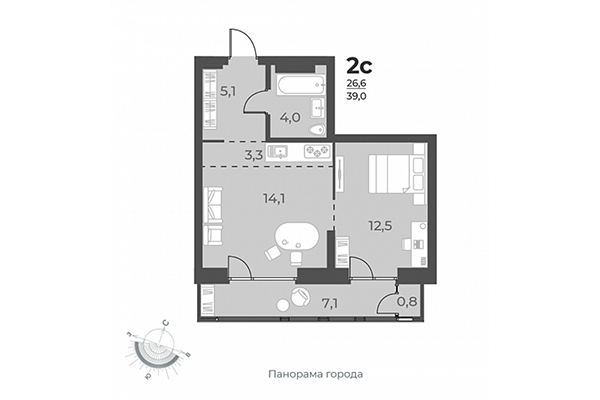 2-комнатная квартира 39,00 м² в ЖК Нормандия-Неман. Планировка