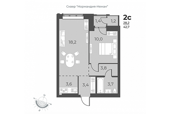 2-комнатная квартира 42,70 м² в ЖК Нормандия-Неман. Планировка