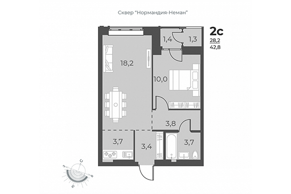 2-комнатная квартира 42,80 м² в ЖК Нормандия-Неман. Планировка