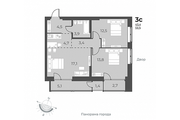 3-комнатная квартира 59,90 м² в ЖК Нормандия-Неман. Планировка