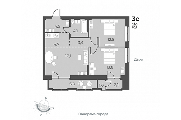 3-комнатная квартира 60,10 м² в ЖК Нормандия-Неман. Планировка