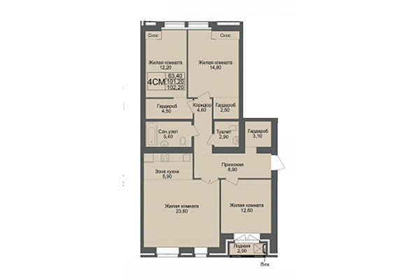 4-комнатная квартира 101,20 м² в ЖК Онега. Планировка