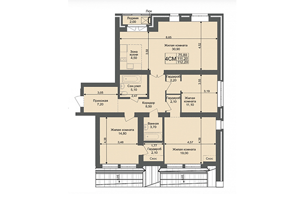 4-комнатная квартира 111,20 м² в ЖК Онега. Планировка