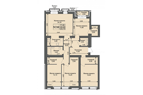 5-комнатная квартира 122,40 м² в ЖК Онега. Планировка