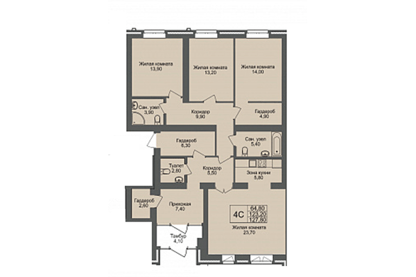 4-комнатная квартира 123,20 м² в ЖК Онега. Планировка