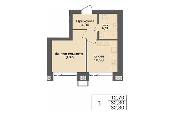 1-комнатная квартира 32,30 м² в ЖК Онега. Планировка