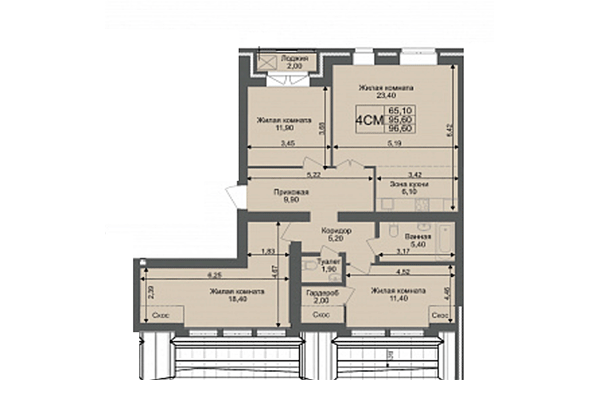 4-комнатная квартира 95,60 м² в ЖК Онега. Планировка