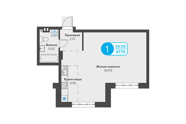 1-комнатная квартира 47,74 м² в ЖК Огни Сибири. Планировка