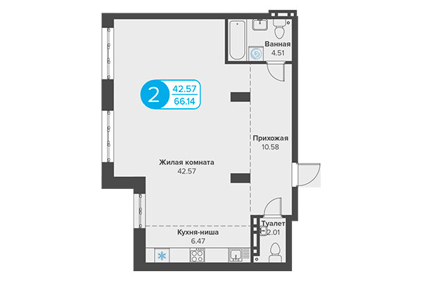 2-комнатная квартира 66,14 м² в ЖК Огни Сибири. Планировка