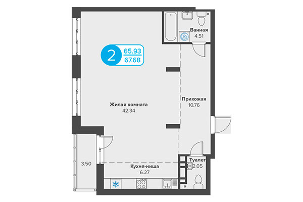 2-комнатная квартира 67,68 м² в ЖК Огни Сибири. Планировка