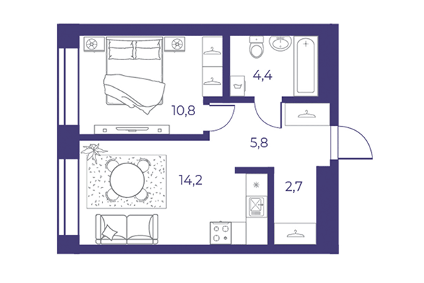 2-комнатная квартира 38,19 м² в ЖК Эфир. Планировка