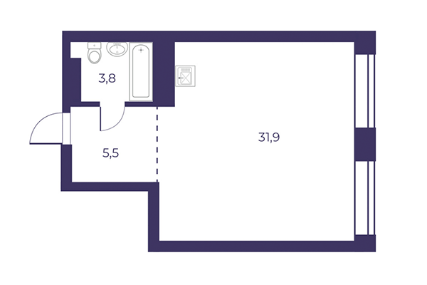 2-комнатная квартира 41,48 м² в ЖК Эфир. Планировка