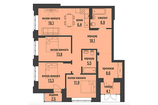 4-комнатная квартира 105,00 м² в ЖК Академия. Планировка