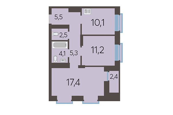 2-комнатная квартира 57,06 м² в ЖК Академия. Планировка