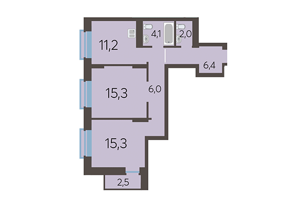 2-комнатная квартира 62,02 м² в ЖК Академия. Планировка