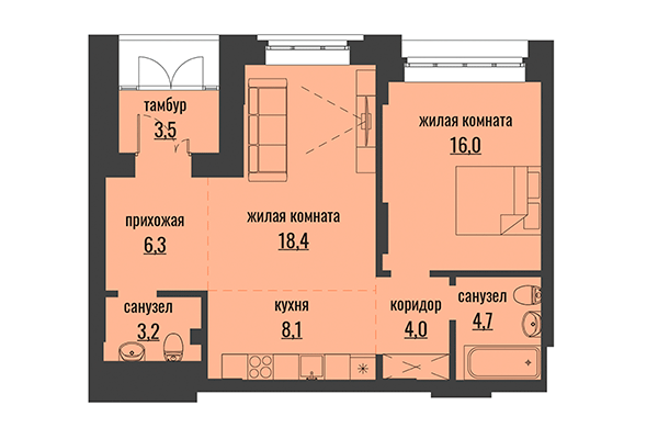 1-комнатная квартира 64,00 м² в ЖК Академия. Планировка
