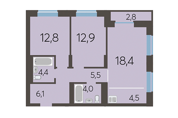 3-комнатная квартира 70,40 м² в ЖК Академия. Планировка