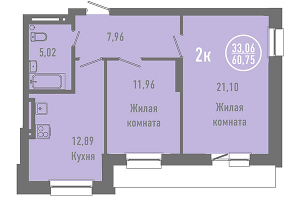 2-комнатная квартира 60,75 м² в ЖК Дианит. Планировка