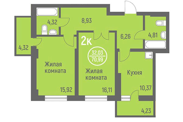 2-комнатная квартира 70,99 м² в ЖК Дианит. Планировка