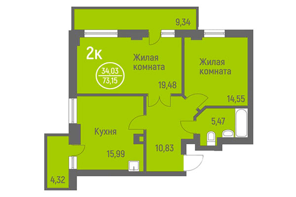 2-комнатная квартира 73,15 м² в ЖК Дианит. Планировка