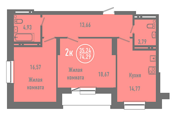2-комнатная квартира 74,29 м² в ЖК Дианит. Планировка
