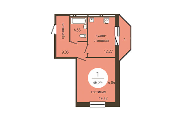 1-комнатная квартира 46,29 м² в ЖК Оникс. Планировка