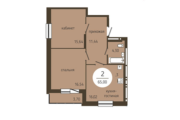 2-комнатная квартира 65,00 м² в ЖК Оникс. Планировка