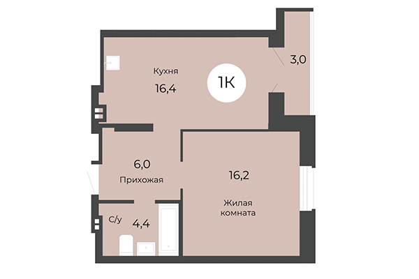 1-комнатная квартира 44,60 м² в ЖК Топаз. Планировка