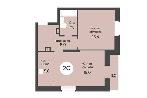 2-комнатная квартира 54,00 м² в ЖК Топаз. Планировка