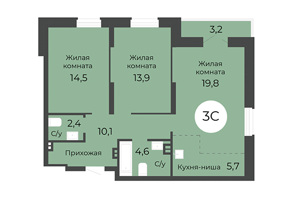 3-комнатная квартира 72,80 м² в ЖК Топаз. Планировка