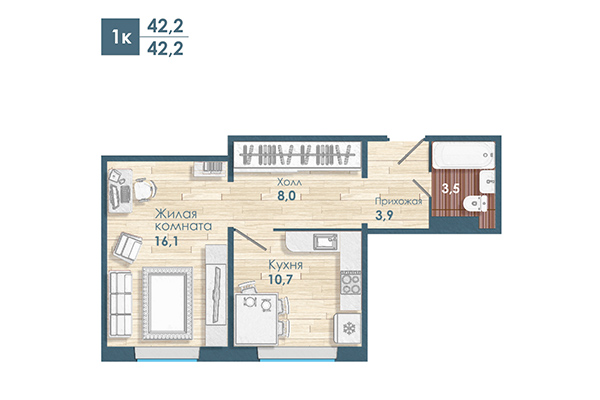 1-комнатная квартира 42,20 м² в Микрорайон Чистая слобода. Планировка