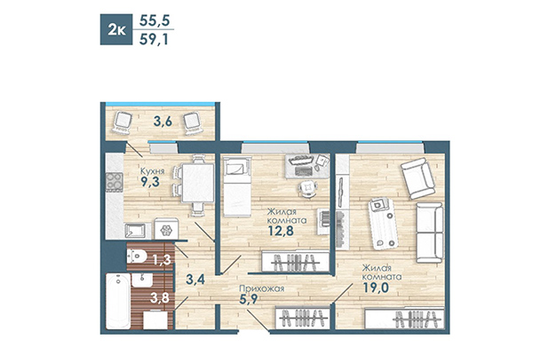 2-комнатная квартира 59,10 м² в Микрорайон Чистая слобода. Планировка
